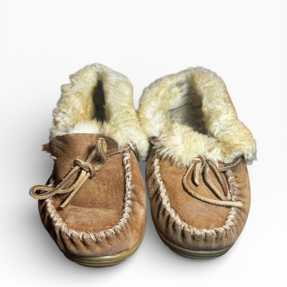 L.L. Bean Shearling Lined Moccasin Slippers Brown | Well Loved | Priced Low